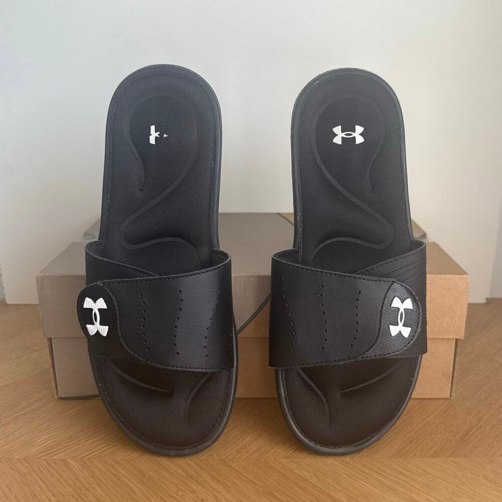 Under Armour Ultra Comfort Footbed Black/White Women Slides Flip Flops- SZ 10